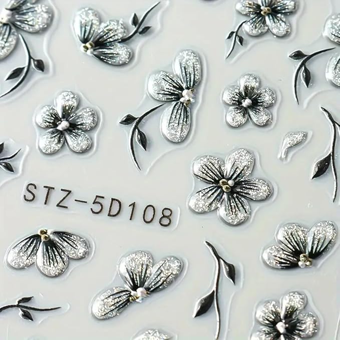 Flower Nail Art Stickers Decals 5D Embossed Flowers Nail Decals Nail Art Supplies Watercolor Ink Floral Leaf Petal Design Summer Nails Adhesive Sliders Flower Stickers for Women Nail Art Decorations