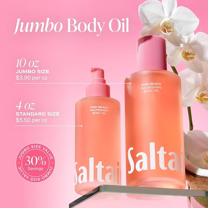 Saltair Body Oil. Jumbo Size Pink Beach After Shower and Bath Oil Moisturizer for Women and Men. Botanical, Non-Greasy, and Well-Absorbing Lotion for Hydrating Dry Skin. 10oz Bottle