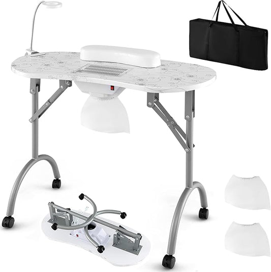 Giantex Nail Table for Nail Tech, Portable Manicure Table with Electric Dust Collector, USB-Plug LED Lamp, Wrist Rest, 4 Lockable Wheels, Foldable Nail Desk with Carry Bag (White)