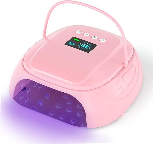 126W Cordless Rechargeable UV LED Nail Lamp with Large Space, Handle and Foot Rest, Fast Curing Gel Nail Dryer with 4 Timers for Salon and Home (Pink)