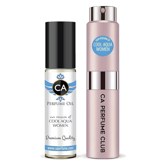 CA Perfume Duo Impression of Cool Aqua Women For Women Perfume Layering Set Long Lasting Travel Size EDP + Body Oil Roll-On Bottle 0.27 Fl Oz+0.33 Fl Oz