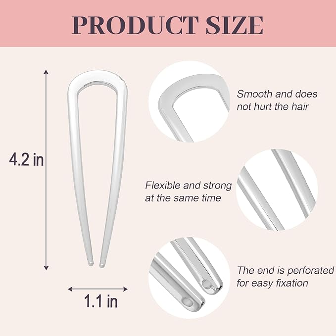 2PCS 4.2Inch French Hair Pins U-Shaped Pins for Women and Girls Fashion Metal Hair Pin French Twist Hair Pins for Buns, Updos,Stylish and Functional(set1-silver)