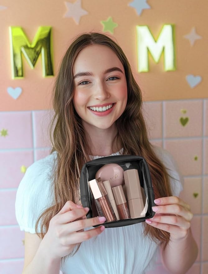 Pomimut Clear Makeup Bag,Mini Makeup Pouch Organizer Fit Carry-on Travel Essentials,TSA Approved Toiletry Bag Clear Cosmetic Bags for Women Men,Black