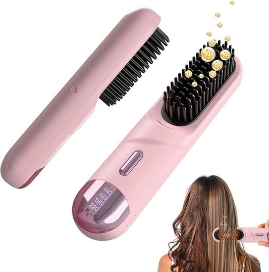 Go Brush Pro 2025 Hair Straightener Brush 300 Million Negative Ionic Portable Hair Straightener Comb for Women with 4 Temps Fast Heating MCH Ceramic Coating Smooth Frizz-Free Hair Pale Pink