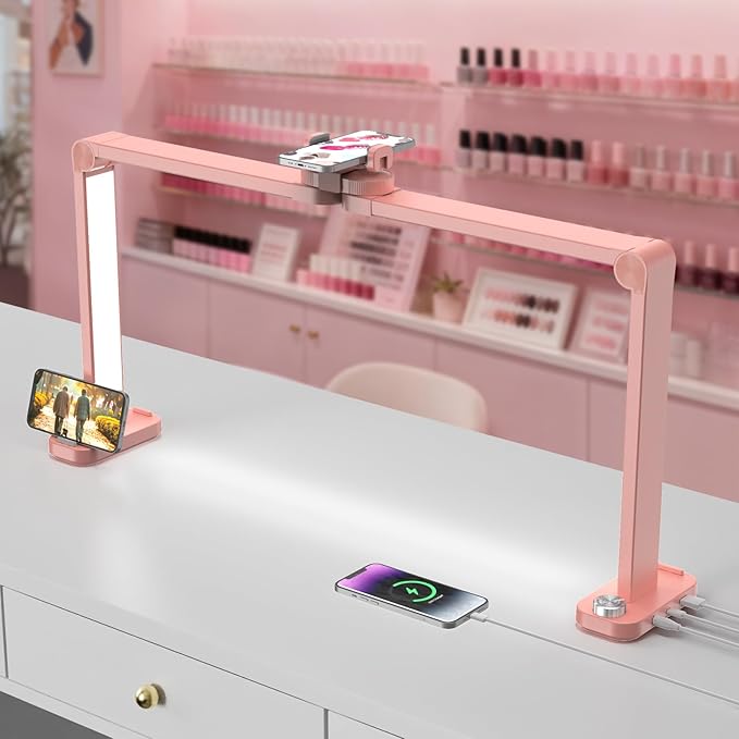 iVict Premium Large Nail Desks Light, 34" Foldable Lash Light for Eyelash with Phone Stand, 0-100% Adjustable Brightness, 3000K-6000K Color Temperature Led Desk lamp for Nail(Pink)