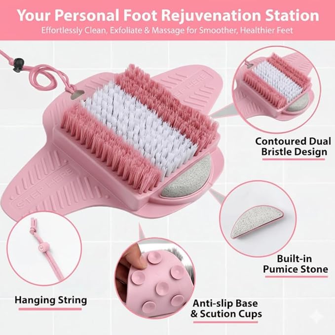 Efforest Shower Foot Scrubber Mat with Pumice Stone - Cleans, Smooths & Removes Dead Skin on Foot Without Bending, Foot Callus Remover with Non-Slip Suction Cups (Pink)