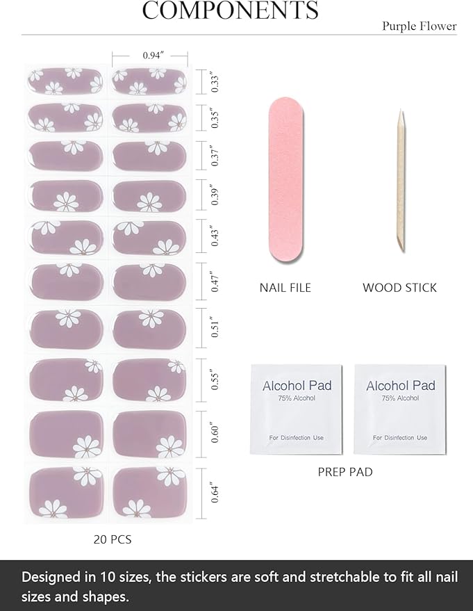 Semi Cured Gel Nail Strips (Purple Flower), 20 Pcs Gel Nail Wraps, Stickers, Salon Quality, Long Lasting, Works With Any UV Lamps