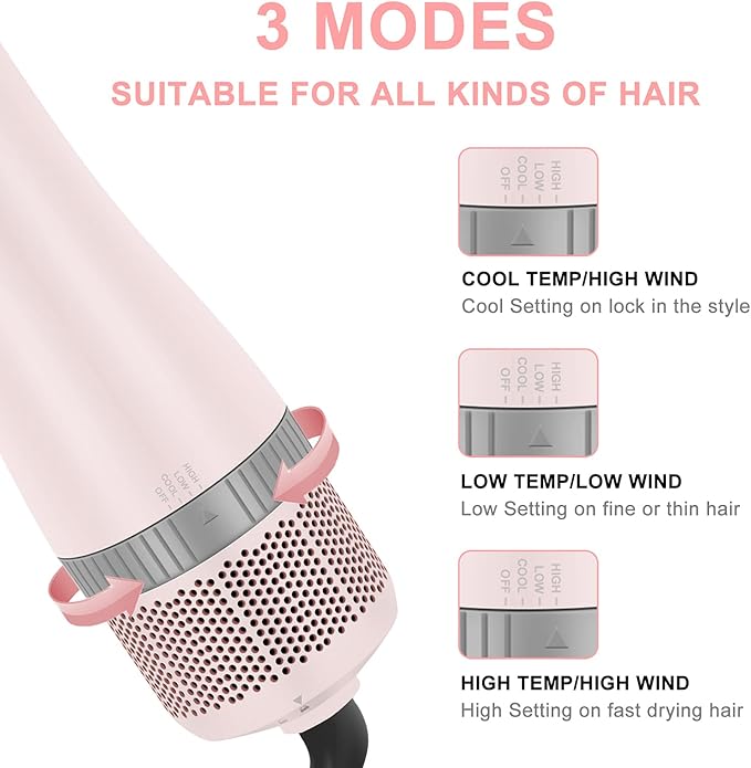 IG INGLAM 4 in 1 Blowout Hair Dryer Brush Set - Negative Ion Detachable Hair Dryer, Volumizer Styler with 2 Brush Heads, Pink