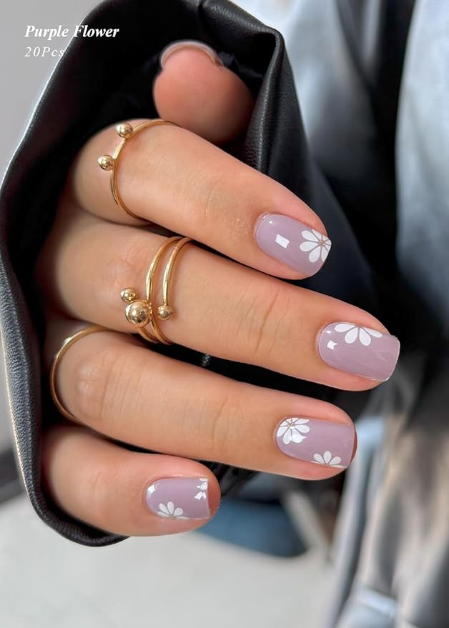 Semi Cured Gel Nail Strips (Purple Flower), 20 Pcs Gel Nail Wraps, Stickers, Salon Quality, Long Lasting, Works With Any UV Lamps