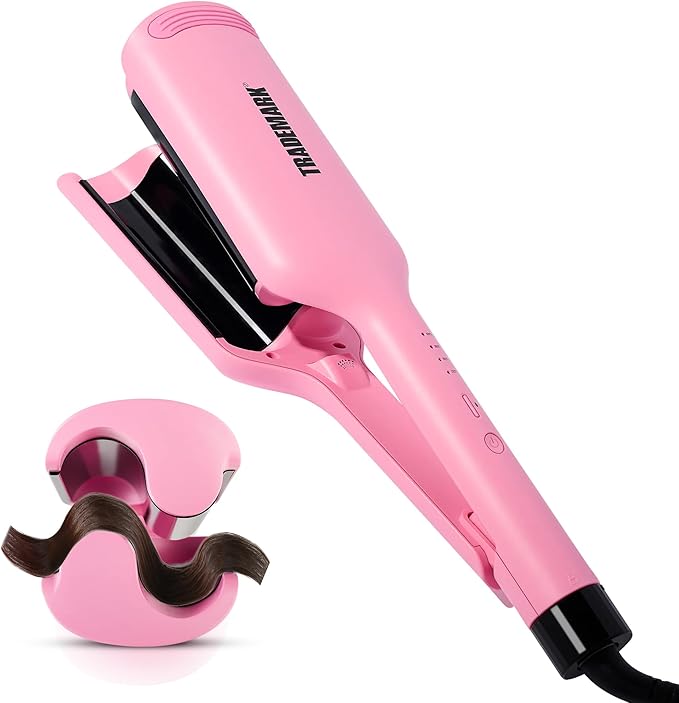 Trademark Beauty Hair Waver - Double Barrel Hair Crimper, Beach Waves Curling Iron, Babe Waves X, Adjustable Temperature Hair Curler, Hair Styling Tools, 1.25" - Pink
