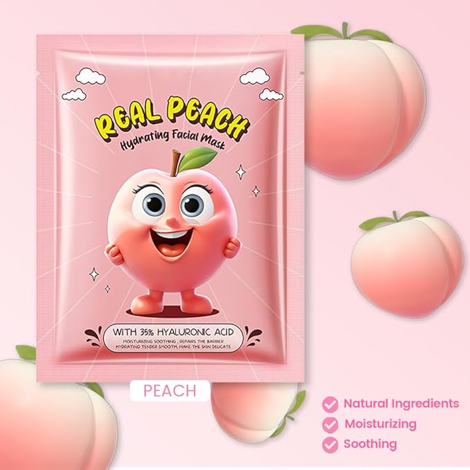 8 Pack Peach Kids Face Mask,Pink Face Masks Skincare Spa Day Kit Supplies,Spa Party Favors for Teens Girls Women,Sheet Facial Mask Skincare Gifts Set,Moisturize Soothe for All Skin Types