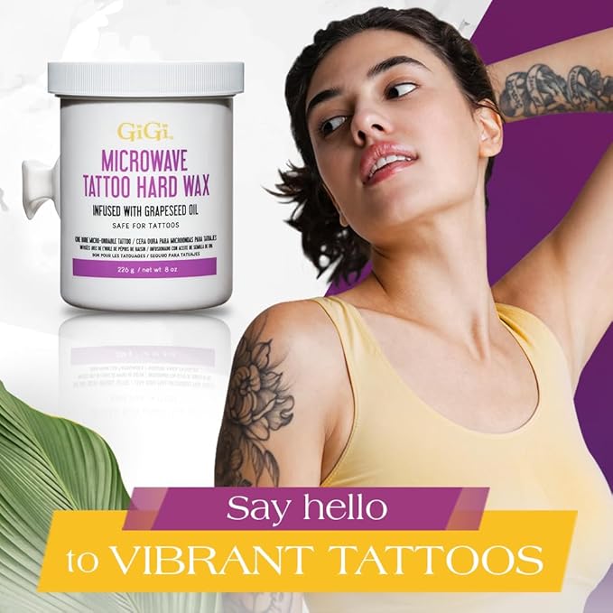 GiGi Microwave Tattoo Hard Wax for Hair Removal - Grapeseed Oil-Infused Safe for Tattoos, No Strips Needed, 8 oz