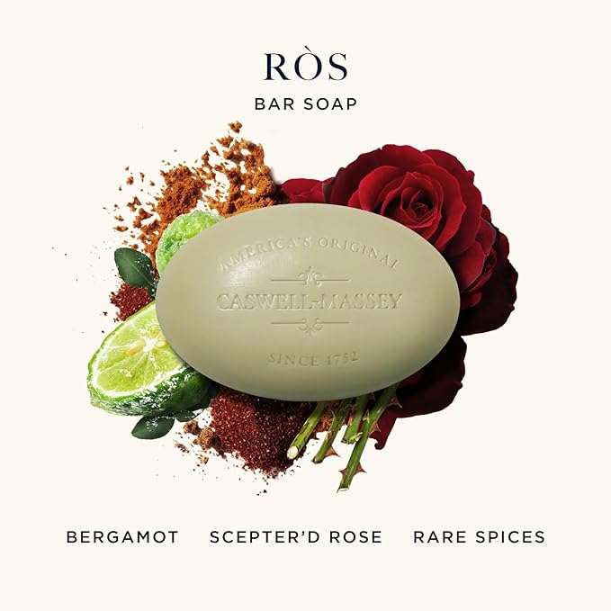 Caswell-Massey RÒS Natural Bar Soap for Men, Moisturizing Body Soap Bar for All Skin Types, Made with Essential Oils & Plant-Based Formula for Soft Skin, Made in USA, 5.8 oz