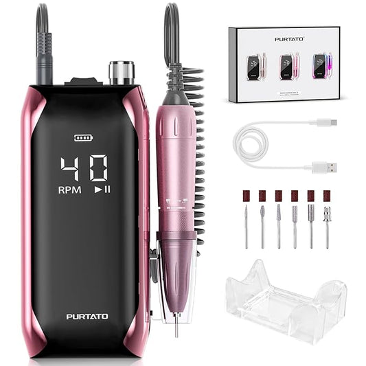 Professional Nail Drill 40,000 RPM, Rechargeable,LCD Display E File Machine for Acrylic Nails Gel Polishing Removing Portable Nails Efile Tools for Manicure Salon & Home (Pink)