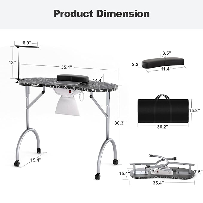 Portable Nail Table for Nail Tech on Wheels, Foldable Professional Manicure Table Travel Nail Desk with LED Lamp/Dust Collector/3 Dust Bags/Wrist Cushion/Storage Bag, Black
