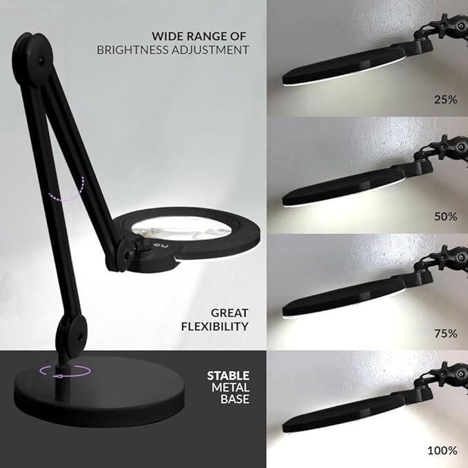 Neatfi XL Bifocal LED Magnifying Lamp, 7-Inch Acrylic Lens, 5D/20D Magnification, Hands-Free, Dimmable, 84 SMD LED, Adjustable Arm for Crafts, Reading, Close Work (Black, with Base)