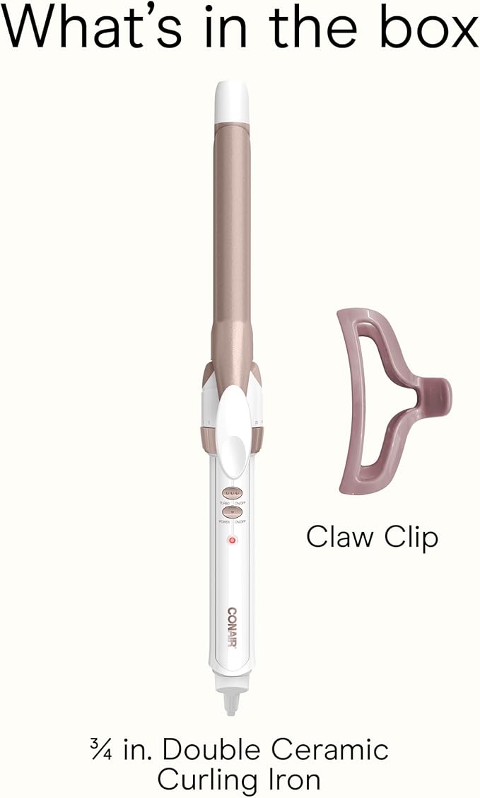 Conair Double Ceramic ¾-Inch Curling Iron with Claw Clip, Creates Tight Curls, Hair Curler for Use on Short, Medium, and Long Hair, White