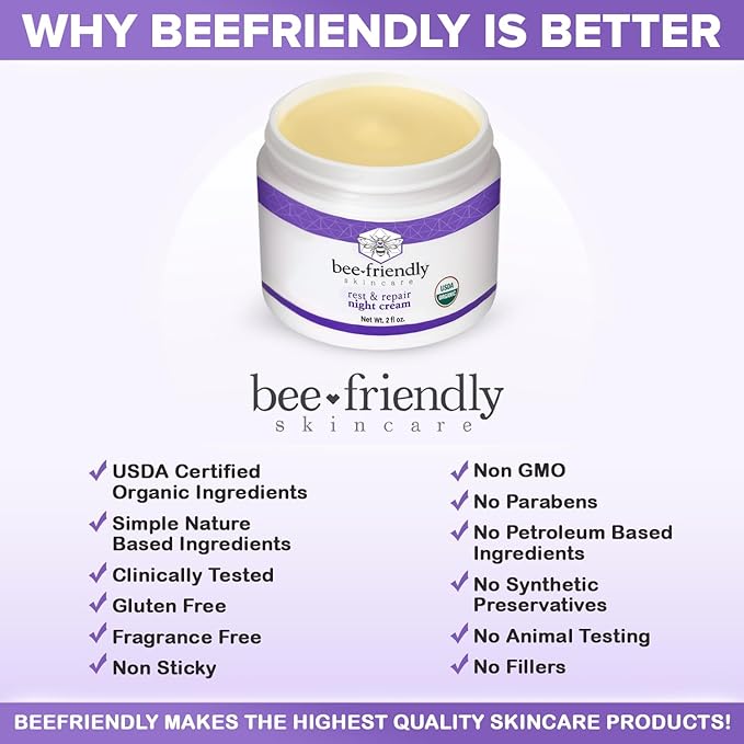 BeeFriendly Organic Night Cream, USDA Certified Organic, Deep Hydrating & Moisturizing Night Time Eye, Face, Neck & Decollete Cream for Women and Men, Anti Aging, Anti Wrinkle 2 oz