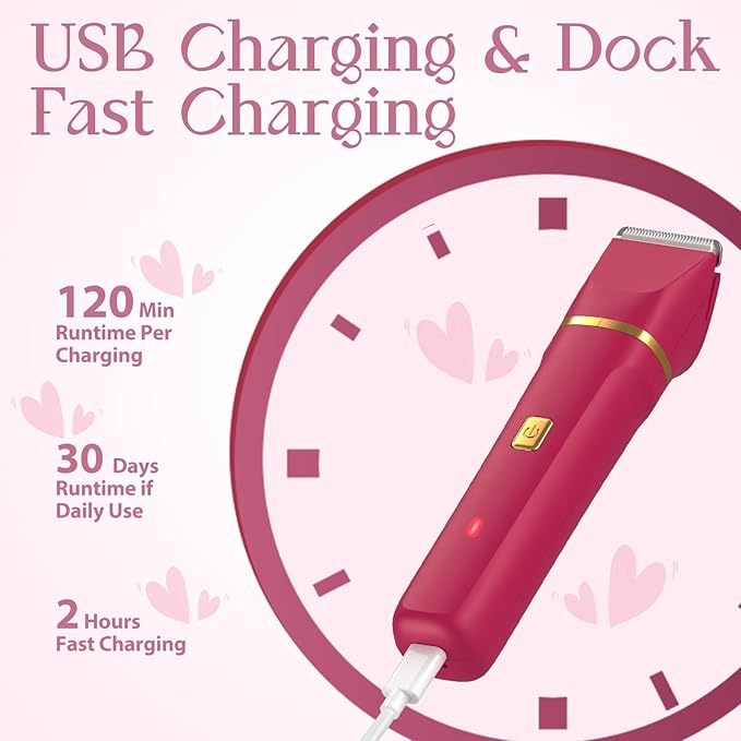 Bikini Razor for Women Men - Electric Waterproof Shaver Trimmer Hair Removal Groomer with Ceramic Blade Hypoallergenic USB Rechargeable Dock Wet Dry Body Facial Painless - Berry Red