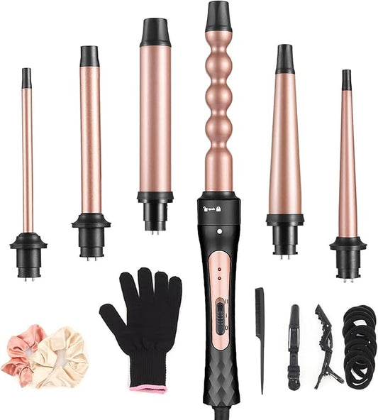6 in 1 Curling Iron, Professional Curling Wand Set, Fast Heating Hair Curler with 6 Interchangeable Ceramic Barrels (0.35'' to 1.25'') for Women Quick Create Hairstyle in All Hair Type