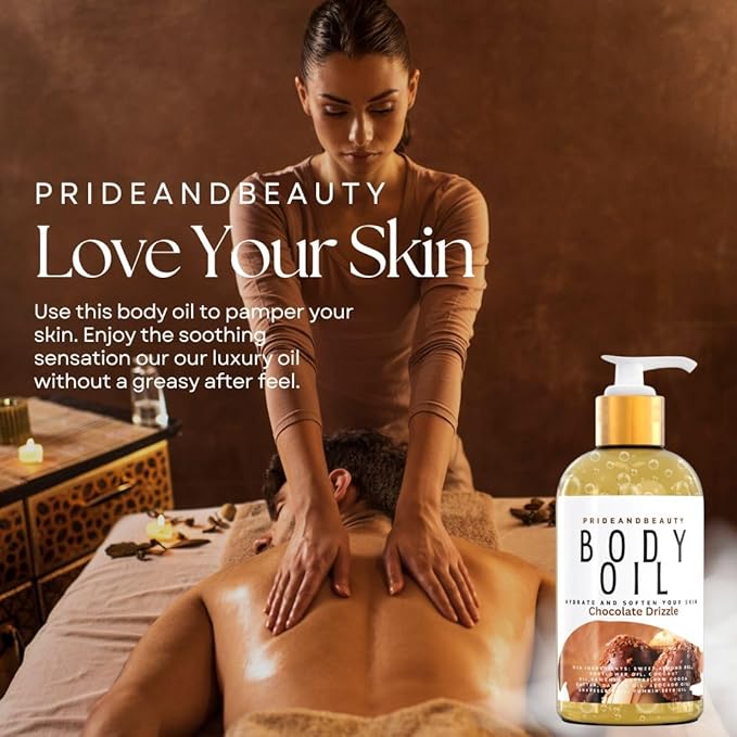 PrideandBeauty After Shower Oil. Skin Hydrating Oil. Body Oil Scented. Body Oils For Women Dry Skin. (Vanilla Buttercream) (4 OUNCES, Chocolate Bark)