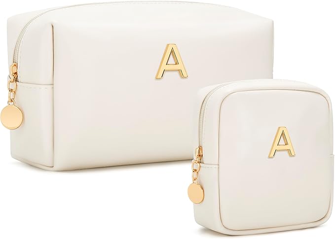 Personalized Christmas Gifts for Women - Initial Makeup Bag Birthday Gifts for Women Travel Toiletry Bag Cosmetic Bags with Soft PU Leather (Beige A)