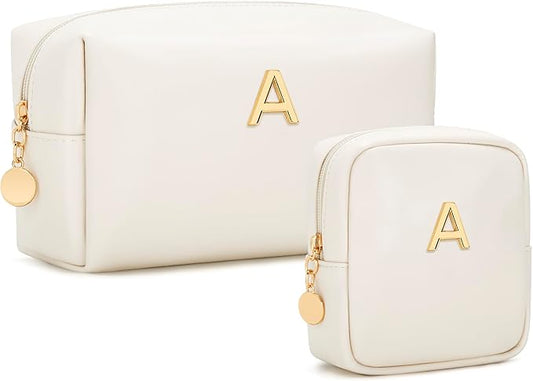 Personalized Christmas Gifts for Women - Initial Makeup Bag Birthday Gifts for Women Travel Toiletry Bag Cosmetic Bags with Soft PU Leather (Beige A)