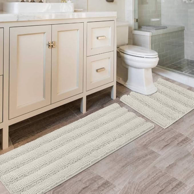 H.VERSAILTEX Bathroom Rugs Bath Rug Set 2 Piece Bathroom Contour Rug Toilet Mat Sets Non Slip Contour Bath Rug Ultra Thick Water Absorbent Striped Bath Mats Washable(47" x 17" Plus 20" x 20" U, Cream)
