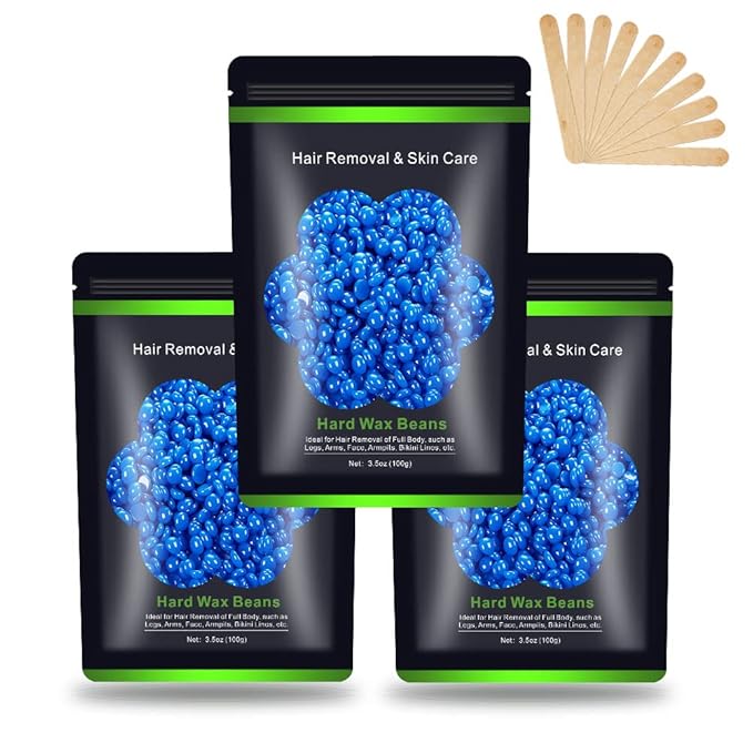 Wax Beads for Hair Removal 10.5oz (300g), Auperwel Hard Wax Beads Beans for Sensitive Skin Brazilian Waxing, Face, Bikini, Eyebrow, Legs, Painless for Women Men, 3 packs Kit with 10 Sticks