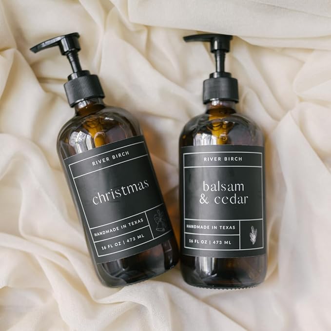 River Birch Christmas Scented Natural Hand Soap - Handmade Soap - Moisturizing Hand Wash with Amber Dispenser - Luxury Scented Hydrating Hand Soap - Vegan and Non Toxic - 16 Fl Oz