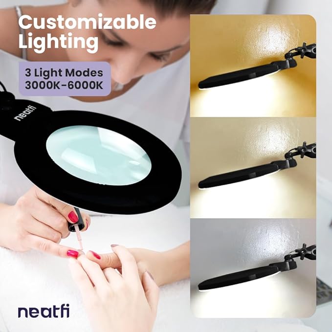Neatfi XL Bifocal LED Magnifying Lamp, 7-Inch Acrylic Lens, 5D/20D Magnification, Hands-Free, Dimmable, 84 SMD LEDs, Adjustable Arm for Crafts, Reading, Close Work (Black, CCT with Clamp)