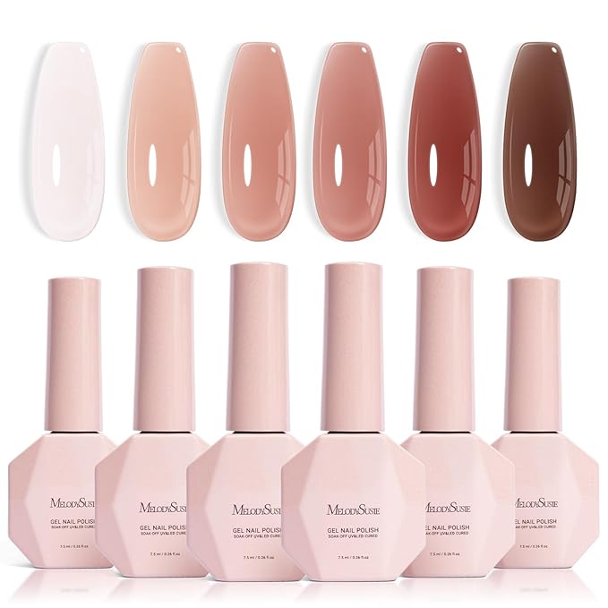 MelodySusie Jelly Gel Nail Polish Set,6 Transparent Colors,Milky or Jelly Texture,Sheer Earth Tones Colors Soak Off UV LED Light Cure or Salon Manicure and Nail Art DIY at Home