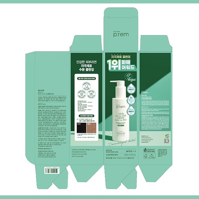 MAKE P:REM Safe Me. Relief Moisture Cleansing Milk, Hydrating Gentle Milk Cleanser for Sensitive Skin with Soy Protein, Korean Face Wash, 6.76 fl.oz. (200ml)