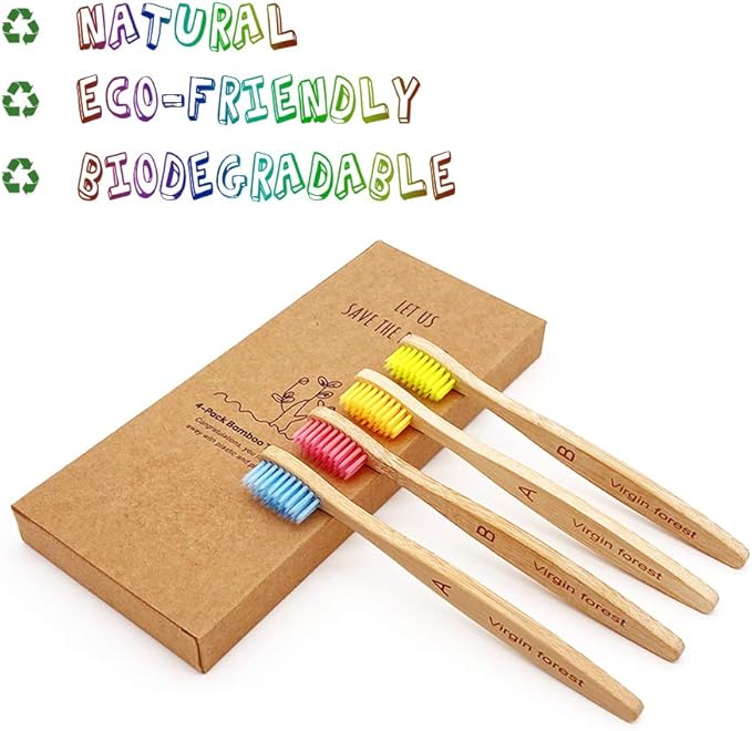 Virgin Forest Kids Bamboo Toothbrushes, Biodegradable Handle, BPA-Free Soft Bristles, Children Size Set of 4 (4 Colors)