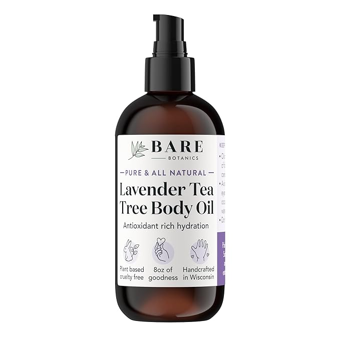 BARE BOTANICS 8 oz Moisturizing Lavender Tea Tree Body Oil - 100% Pure & Natural for Skin & Nails - Perfect for Moisturization - Vegan, Cruelty Free & Naturally Scented Hair Oil
