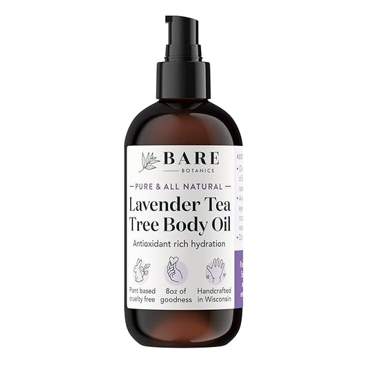 BARE BOTANICS 8 oz Moisturizing Lavender Tea Tree Body Oil - 100% Pure & Natural for Skin & Nails - Perfect for Moisturization - Vegan, Cruelty Free & Naturally Scented Hair Oil