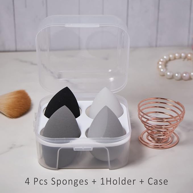 Makeup Sponges Set - Beauty sponges Blending Blenders with 1 Holder and Egg Case, Flawless for Cream, Powder and Liquid (Black, 4Pcs+1Holder+ case)