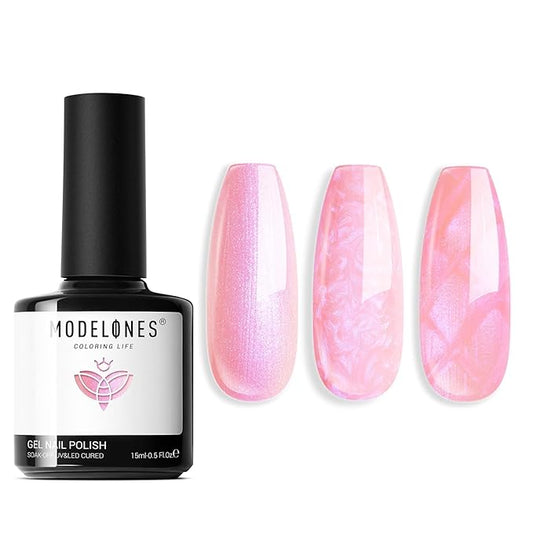 Modelones Gel Nail Polish, 15 ML Shimmer Pearl Pink Nail Polish Drawing Glitter Soak Off Mermaid Glitter Nail Gel Polish Swirl Shell Thread Effect DIY Gift for Girls Women