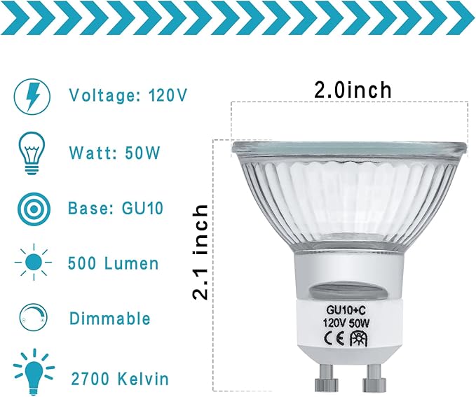 GU10 Halogen Bulbs 50W 120V MR16 for Scent Wax Burner, Dimmable Warm White, Pack of 4