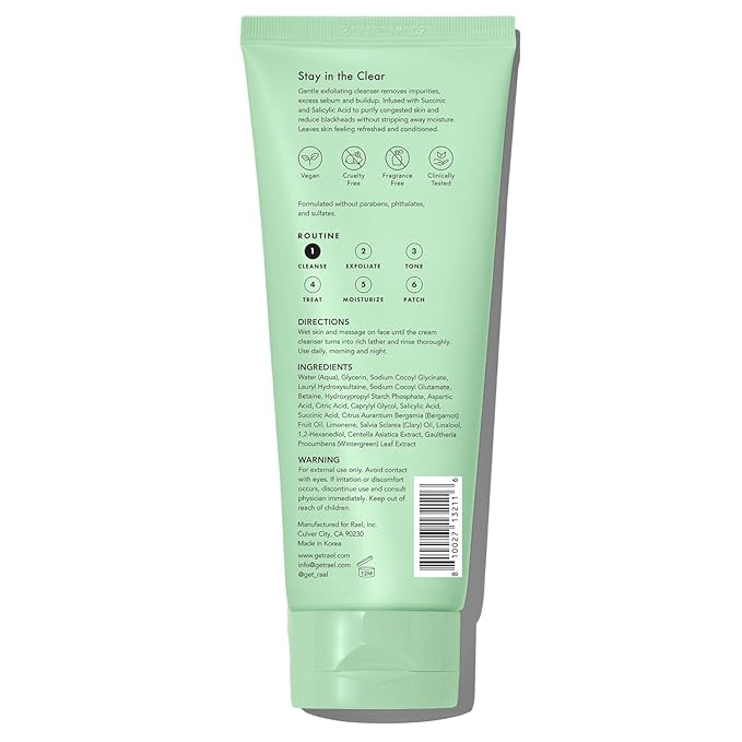 Rael Face Wash, Miracle Clear – Gentle Exfoliating Cleanser with Succinic Acid & Minerals, Korean Skin Care (5 fl oz)