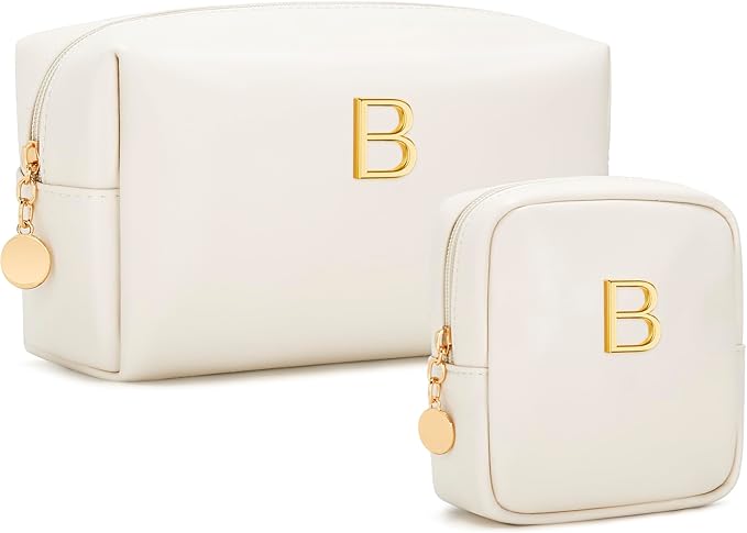 Personalized Christmas Gifts for Women - Initial Makeup Bag Birthday Gifts for Women Travel Toiletry Bag Cosmetic Bags with Soft PU Leather (Beige B)
