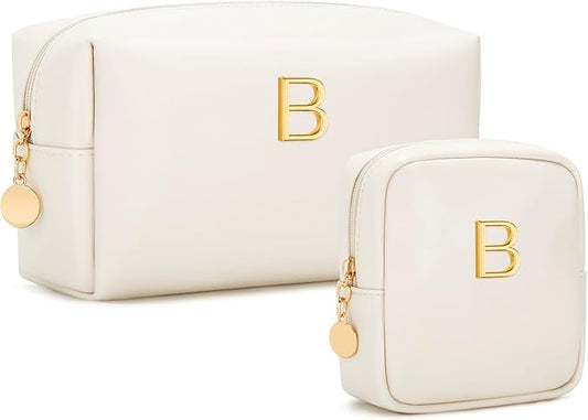 Personalized Christmas Gifts for Women - Initial Makeup Bag Birthday Gifts for Women Travel Toiletry Bag Cosmetic Bags with Soft PU Leather (Beige B)
