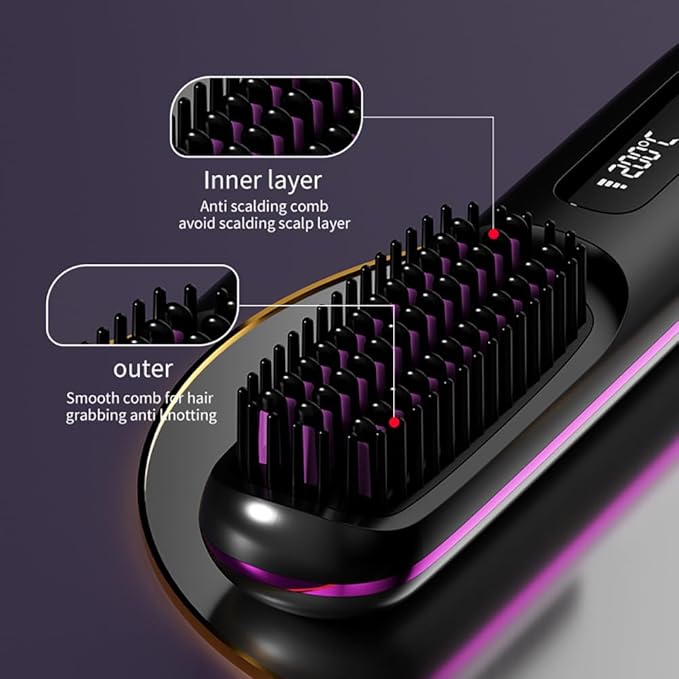 Go Brush Pro 2025 Cordless Hair Straightener Brush – 3 Heat Settings, USB Rechargeable, 2-in-5 Straightener & Curler, Ionic Anti-Static for All Hair Types (Black)