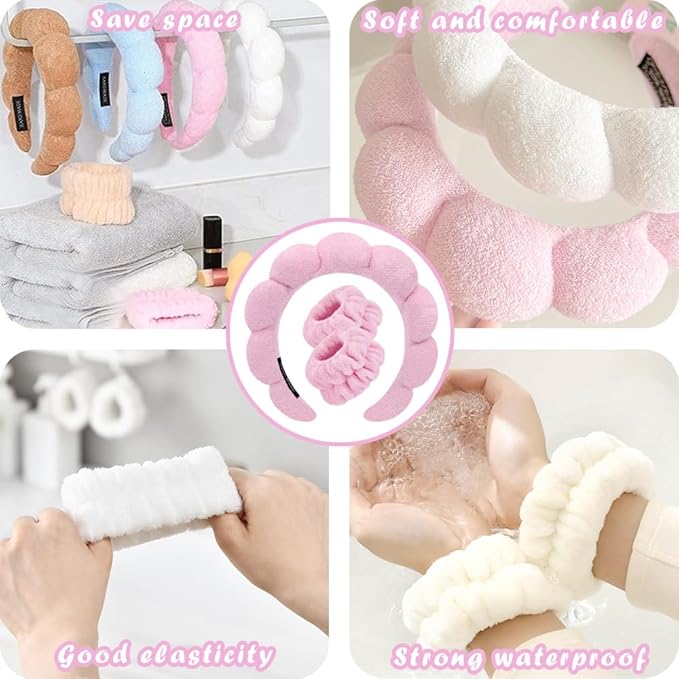 Spa Headbands for Washing Face Wristband Set Sponge Makeup Skincare Headband Wrist Towels Bubble Soft Terry Towel Cloth Hairband for Women Puffy Headwear Non Slip Thick Hair Headwear (Pink)