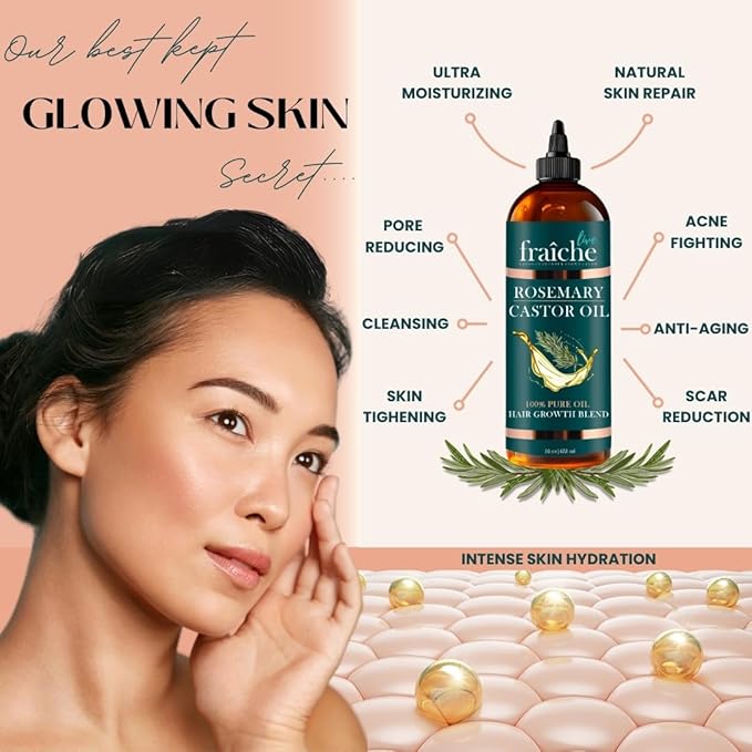 Live Fraiche Rosemary Castor Oil for Hair Growth 16oz - Rosemary Oil for Hair Growth and Thickening Pure Blend to Reduce Loss and Promote a Healthy Scalp