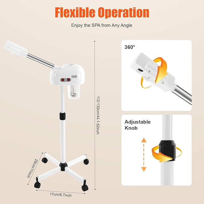 Professional Facial Steamer Mist Face Steamer Stand Ozone Facial Machine with Wheels Professional Skin Care Equipment for Shaving & Skin Care, Barbershop, Salon, Spa Use (White)