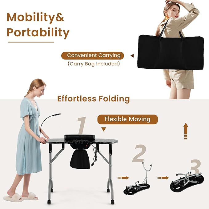 WELLHUT Manicure Table Portable Nail Table Desk with LED Nail Lamp, Elctric Dust Collector, Wrist Rest, Lockable Wheels, Folding Manicure Station for Nail Techs with Carry Bag
