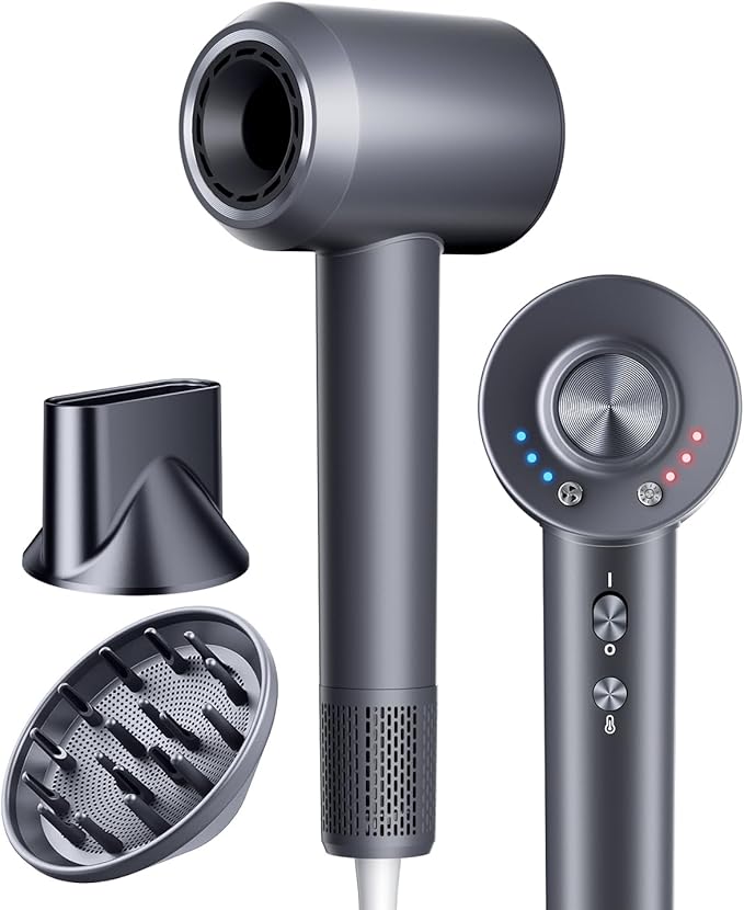 Hair Dryer,160000 RPM High-Speed Brushless Motor Negative Ionic Salon Blow Dryer for Fast Drying, Low-Noise Design & Advanced Heat Control to Prevent Heat Damage, Frosted Gray