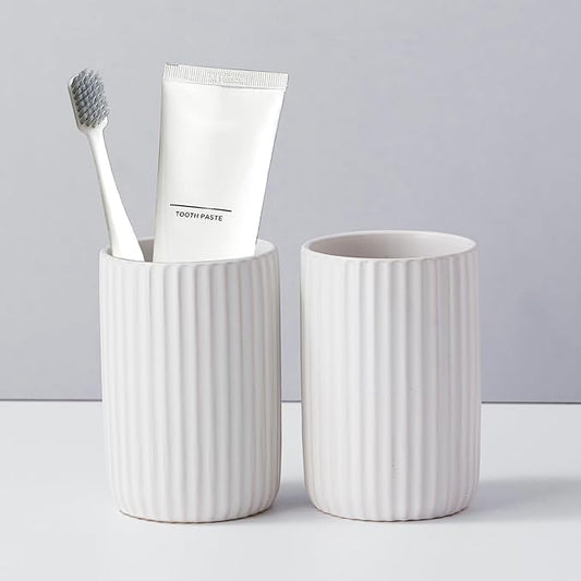 Toothbrush Holders for Bathrooms, Ceramic Tooth Brush Holder Set, Ribbed Bathroom Cups Tumbler, Reusable Toothbrush Mouthwash Cup, Toothpaste Holder Toothbrush Organizer for Bathroom Counter