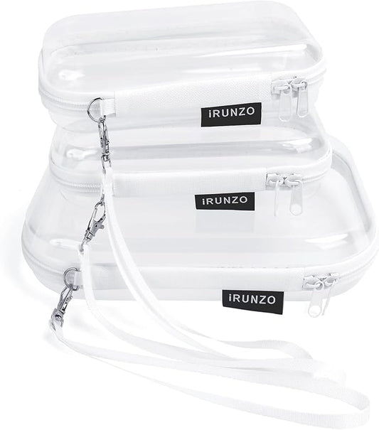 3 PCS Clear Hard Shell Zipper Case With Handle Strap，Clear Plastic Waterproof Cosmetic Makeup Bags Toiletry Pouches for Travel With Double Zipper，Kid's Toy Storage Organizer Bins Box